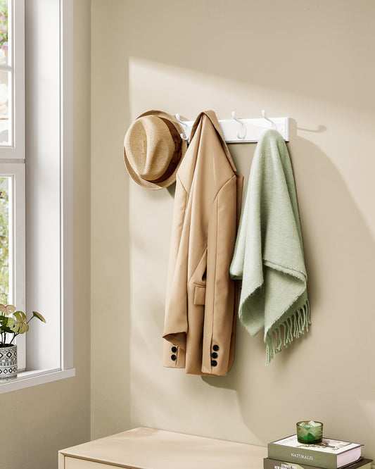 Wall-Mounted Coat Rack, Hook Rack, 5 Dual Metal Hooks, for Coats, Bags, Keys, in The Entryway, Bedroom, Living Room, White