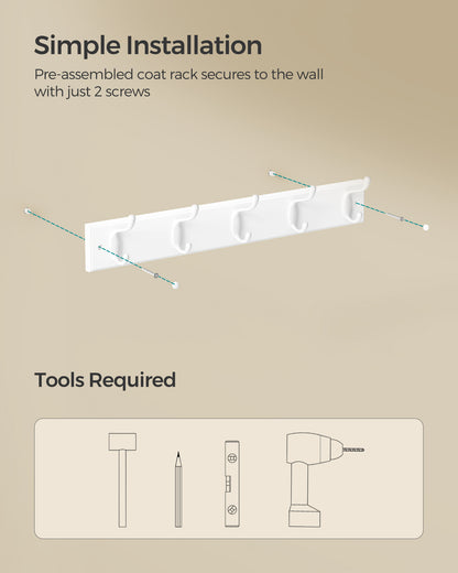 Wall-Mounted Coat Rack, Hook Rack, 5 Dual Metal Hooks, for Coats, Bags, Keys, in The Entryway, Bedroom, Living Room, White
