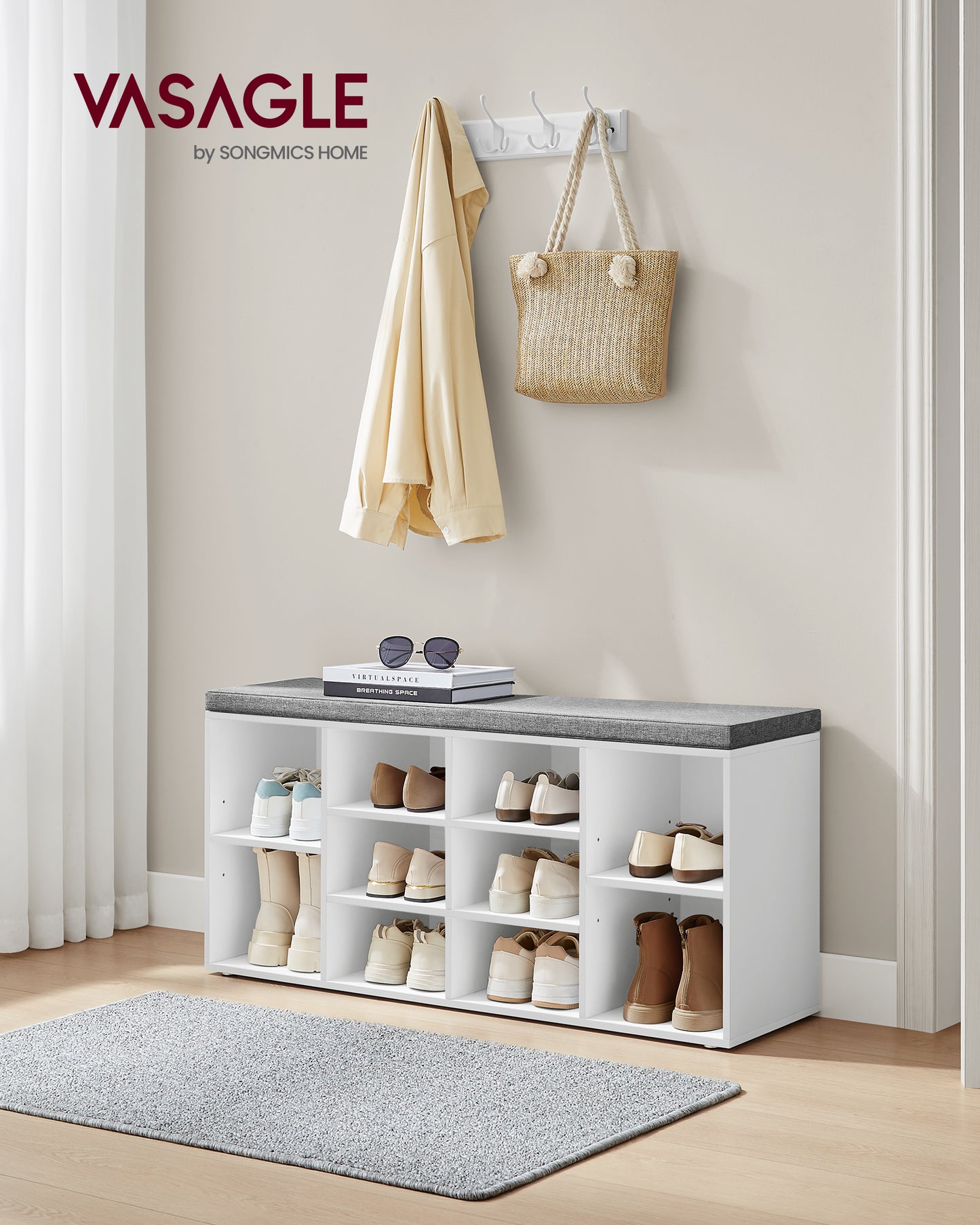 Shoe Storage Bench with Cushion Cubby Shoe Rack with 10 Cubbies Adjustable Shelves Multifunctional Shoe Organizer Bench for Entryway Mudroom Hallway Closet and Garage White