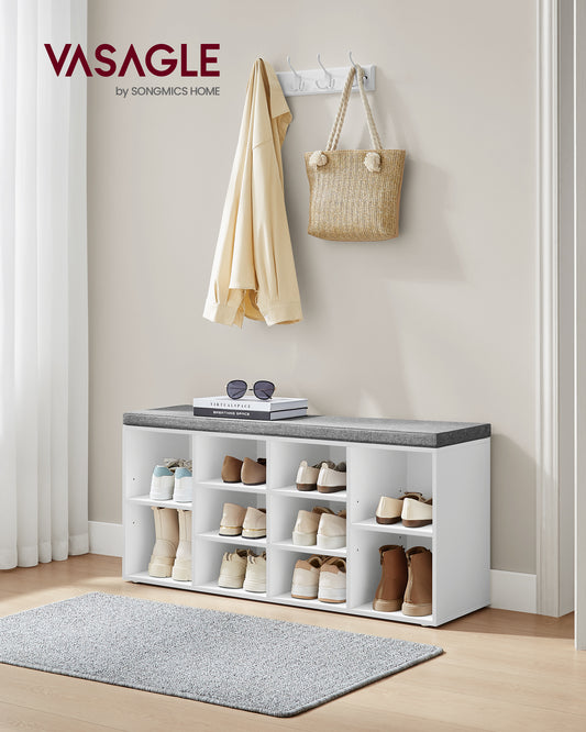 Shoe Storage Bench with Cushion Cubby Shoe Rack with 10 Cubbies Adjustable Shelves Multifunctional Shoe Organizer Bench for Entryway Mudroom Hallway Closet and Garage White