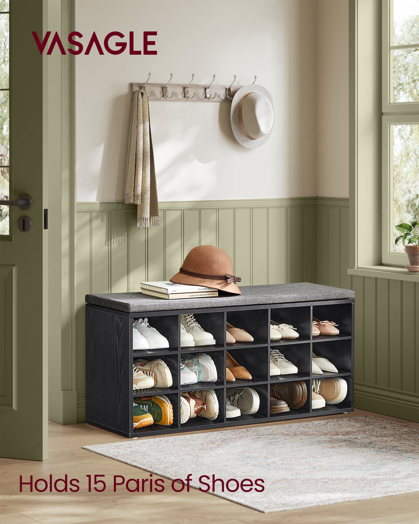 Shoe Bench with Cushion, Storage Bench with Padded Seat, Entryway Bench with 15 Compartments, for Bedroom
