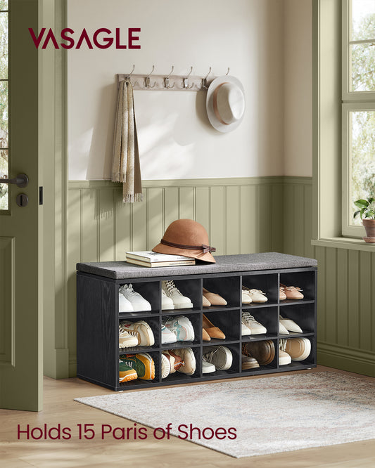 Shoe Bench with Cushion, Storage Bench with Padded Seat, Entryway Bench with 15 Compartments, for Bedroom