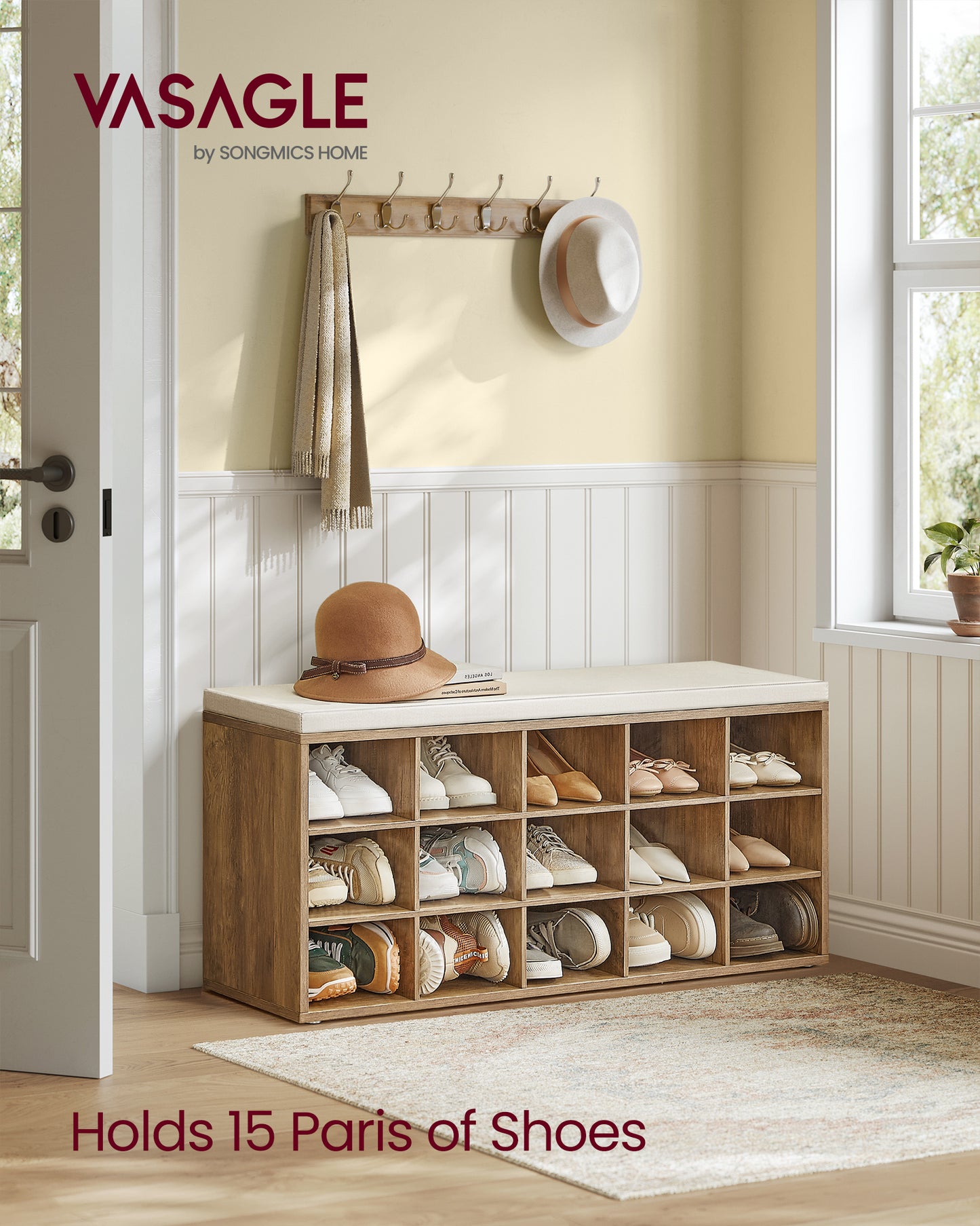 Honey Brown and Cappuccino Beige Entryway Bench with 15 Compartments,with Padded Seat, Shoe Bench with Cushion,11.8 x 41.3 x 18.9 Inches