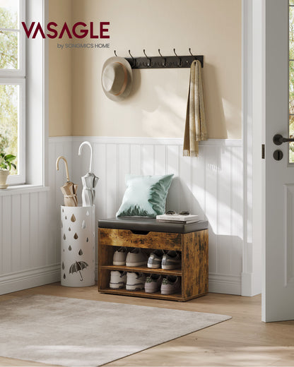 Shoe Bench with Cushion, Storage Bench with Padded Seat, Entryway Bench with 3 Storage Compartments, 11.8 x 23.6 x 17.3 Inches, for Bedroom, Living Room, Rustic Brown