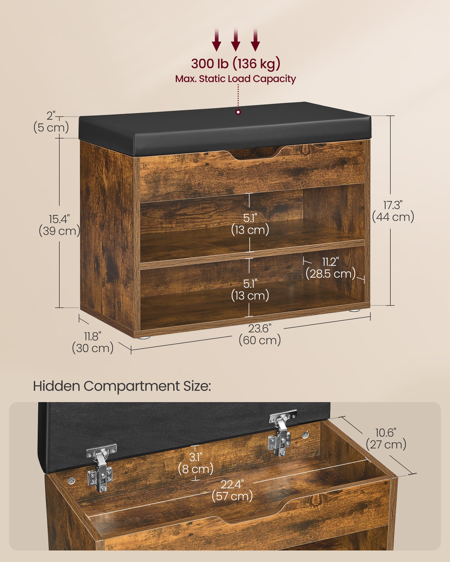 Shoe Bench with Cushion, Storage Bench with Padded Seat, Entryway Bench with 3 Storage Compartments, 11.8 x 23.6 x 17.3 Inches, for Bedroom, Living Room, Rustic Brown