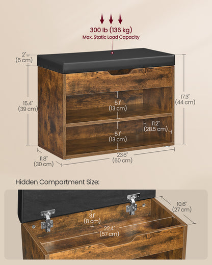 Shoe Bench with Cushion, Storage Bench with Padded Seat, Entryway Bench with 3 Storage Compartments, 11.8 x 23.6 x 17.3 Inches, for Bedroom, Living Room, Rustic Brown