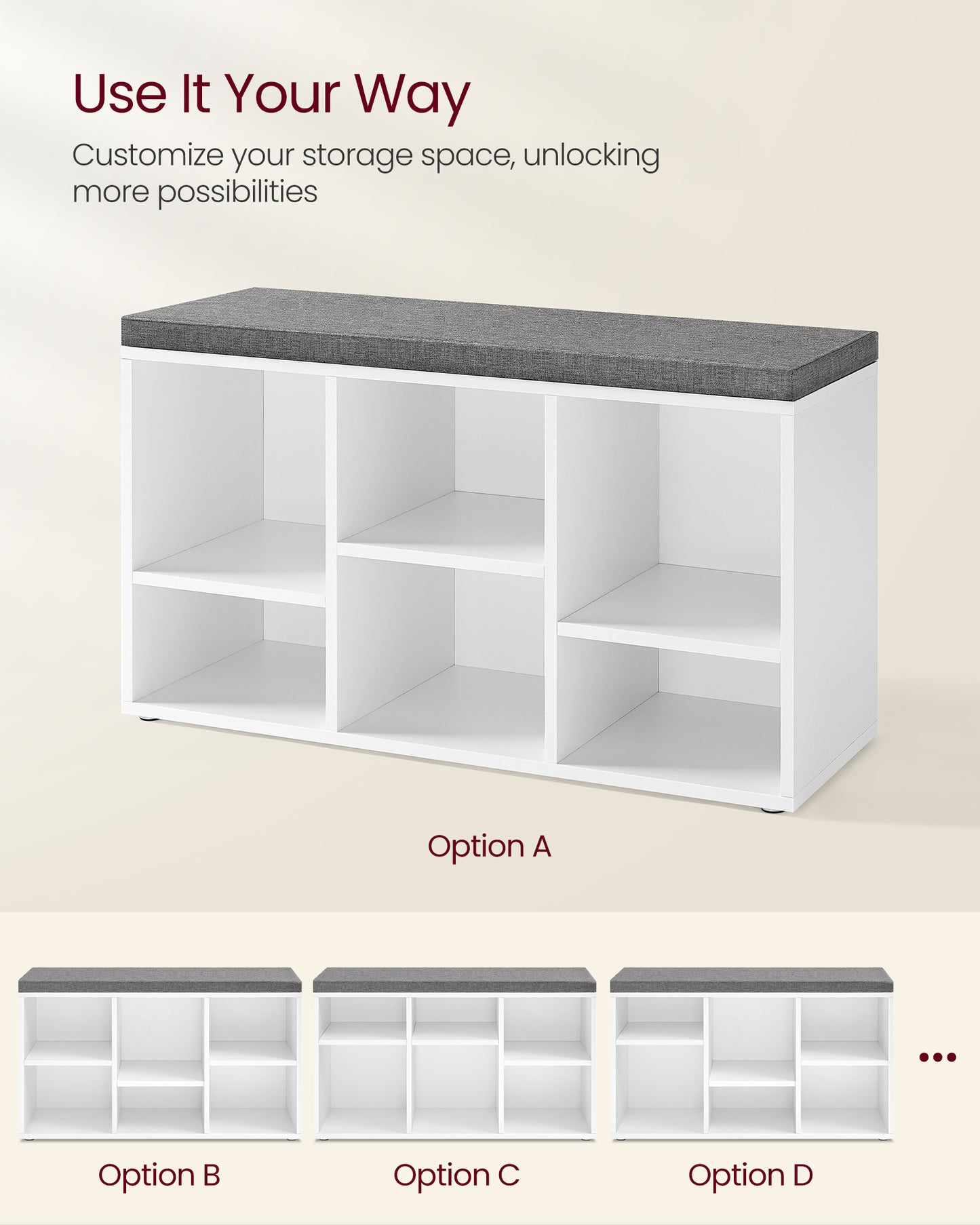 Shoe Bench with Cushion, Shoe Storage Bench with 6 Compartments and 3 Adjustable Shelves, Entryway Bench with Padded Seat, for Bedroom, Closet, Living Room, White