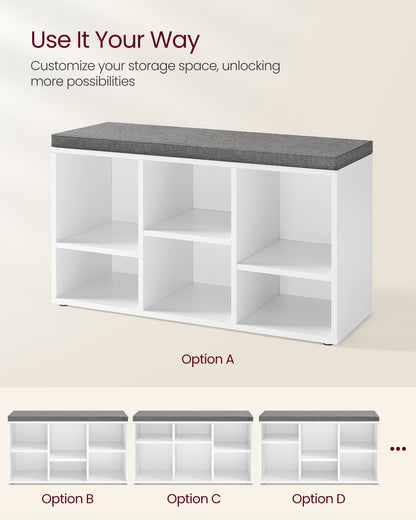 Shoe Bench with Cushion, Shoe Storage Bench with 6 Compartments and 3 Adjustable Shelves, Entryway Bench with Padded Seat, for Bedroom, Closet, Living Room, White