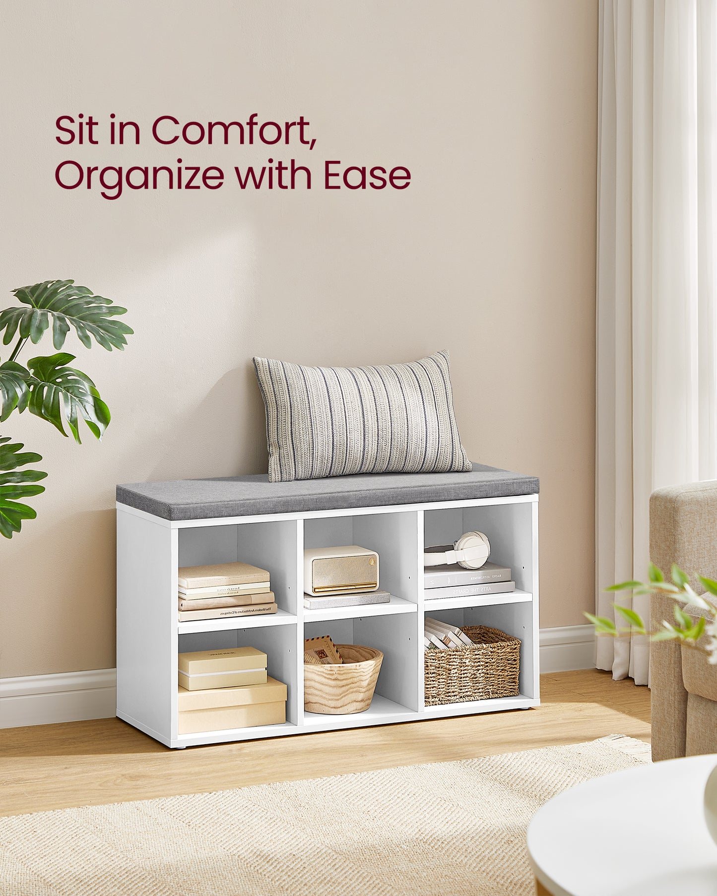 Shoe Bench with Cushion, Shoe Storage Bench with 6 Compartments and 3 Adjustable Shelves, Entryway Bench with Padded Seat, for Bedroom, Closet, Living Room, White