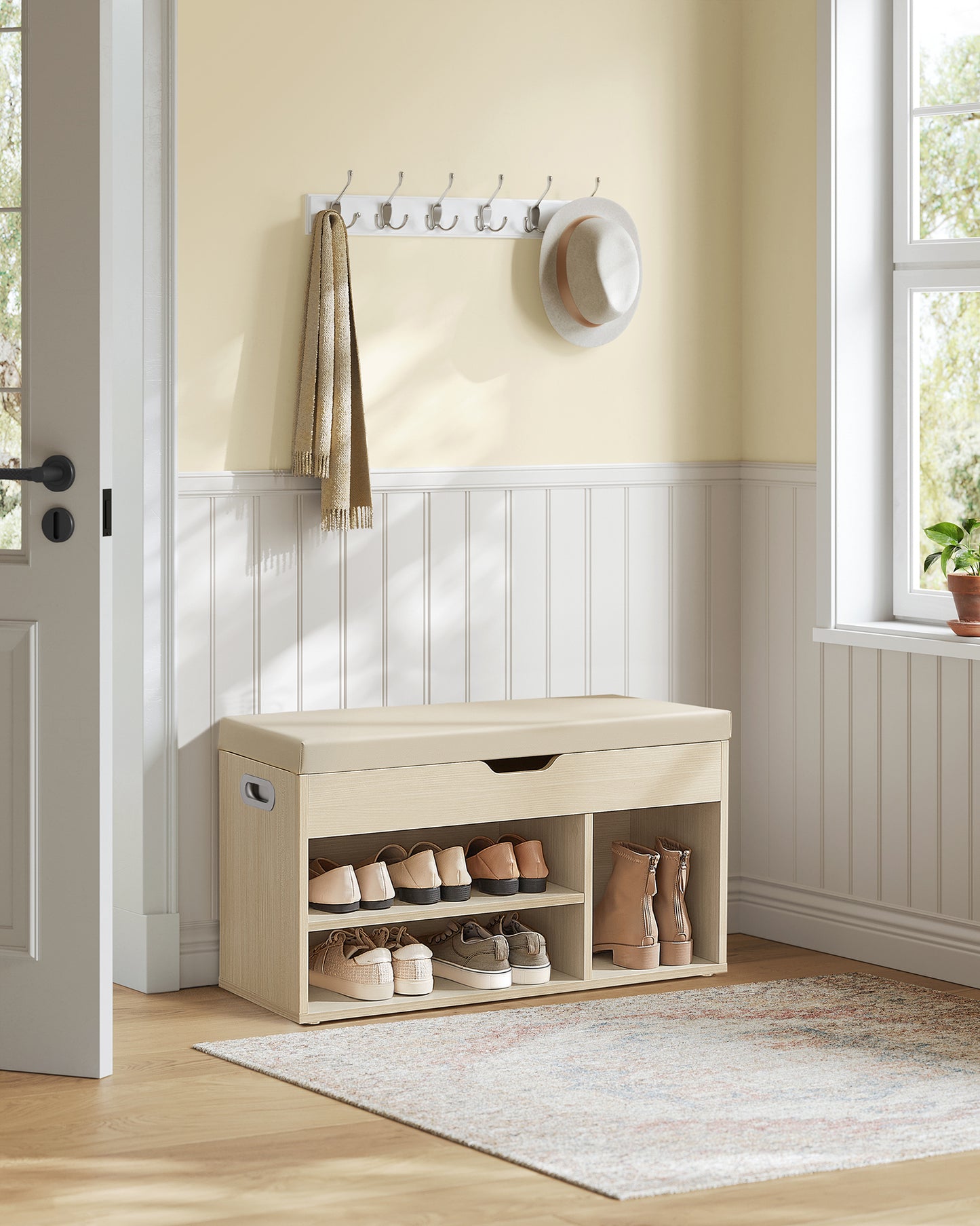 Storage Bench with Cushioned Seat - Versatile Shoe Bench with Hidden Storage, Shelves, Natural Beige, 330 lb Capacity