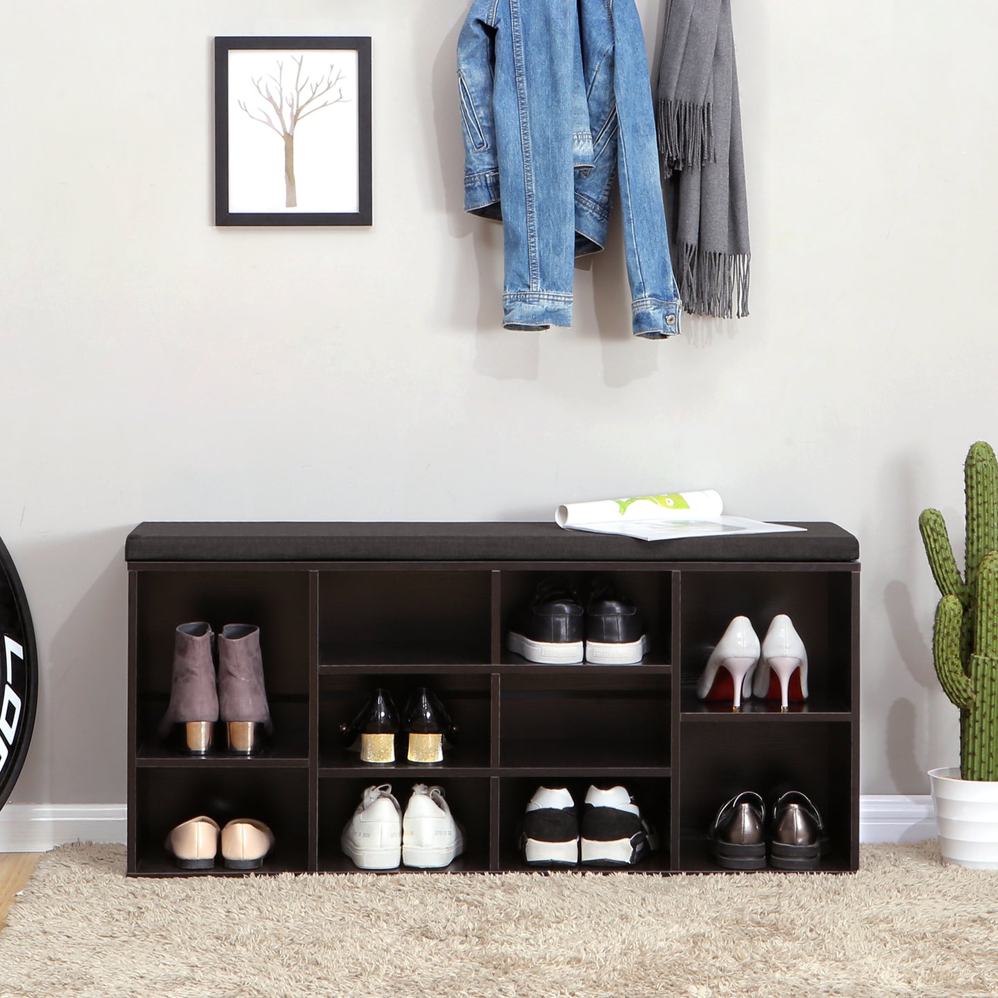 Shoe Bench with Cushion Storage Bench with 10 Compartments Adjustable Shelves Entryway Organizer for Bedroom Espresso and Brown 11.8 x 40.9 x 18.9 Inches