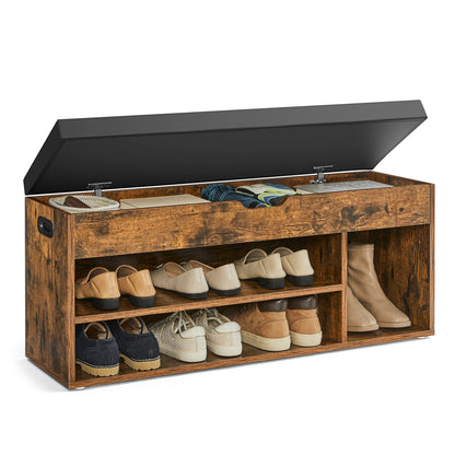 VASAGLE Shoe Bench, Storage Bench with Cushion, Shoe Rack Bench with Padded Seat, 3 Compartments, Hidden Storage, Shelves,Rustic Brown and Black