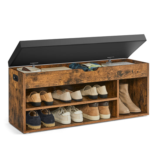 VASAGLE Shoe Bench, Storage Bench with Cushion, Shoe Rack Bench with Padded Seat, 3 Compartments, Hidden Storage, Shelves,Rustic Brown and Black