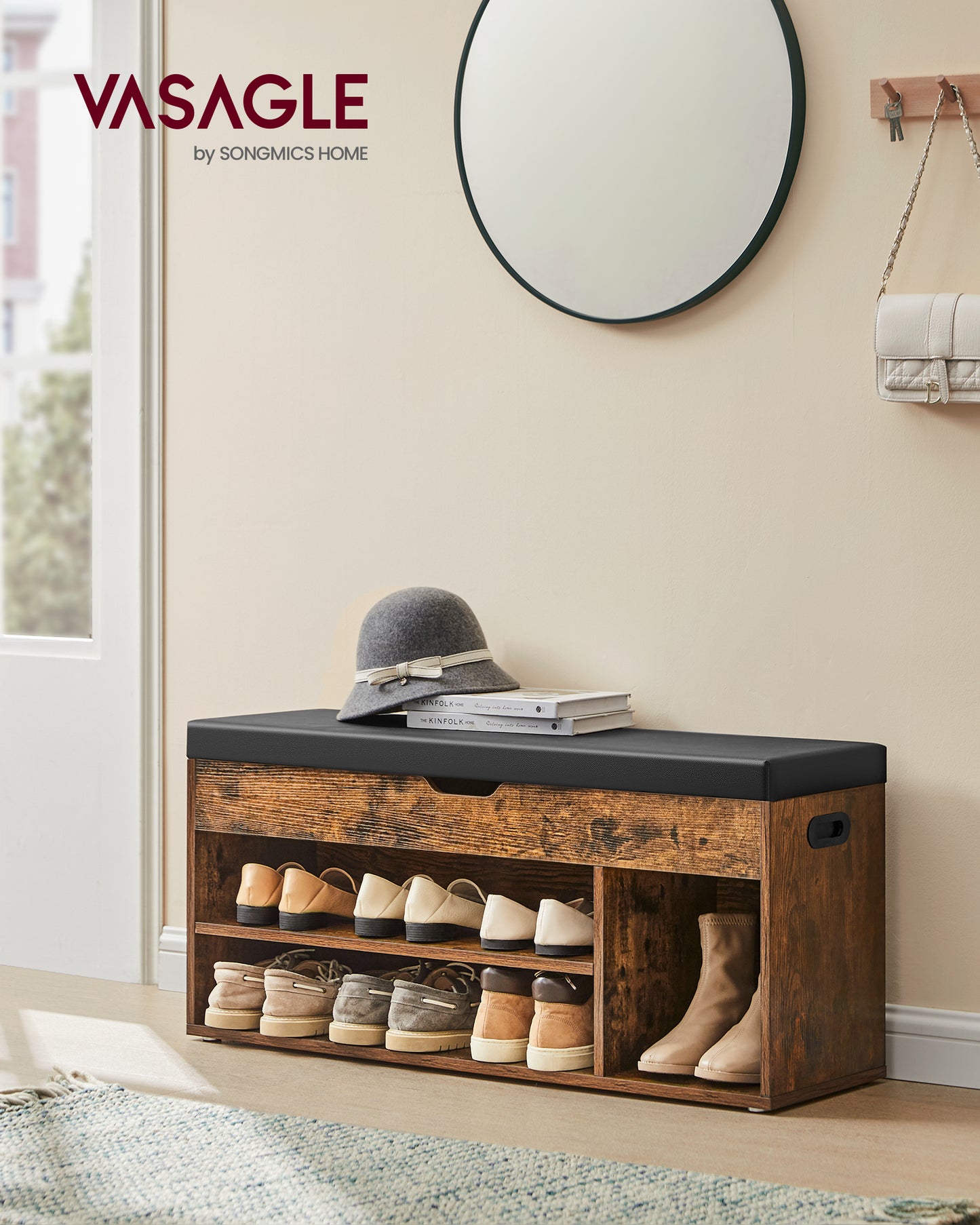 VASAGLE Shoe Bench, Storage Bench with Cushion, Shoe Rack Bench with Padded Seat, 3 Compartments, Hidden Storage, Shelves,Rustic Brown and Black
