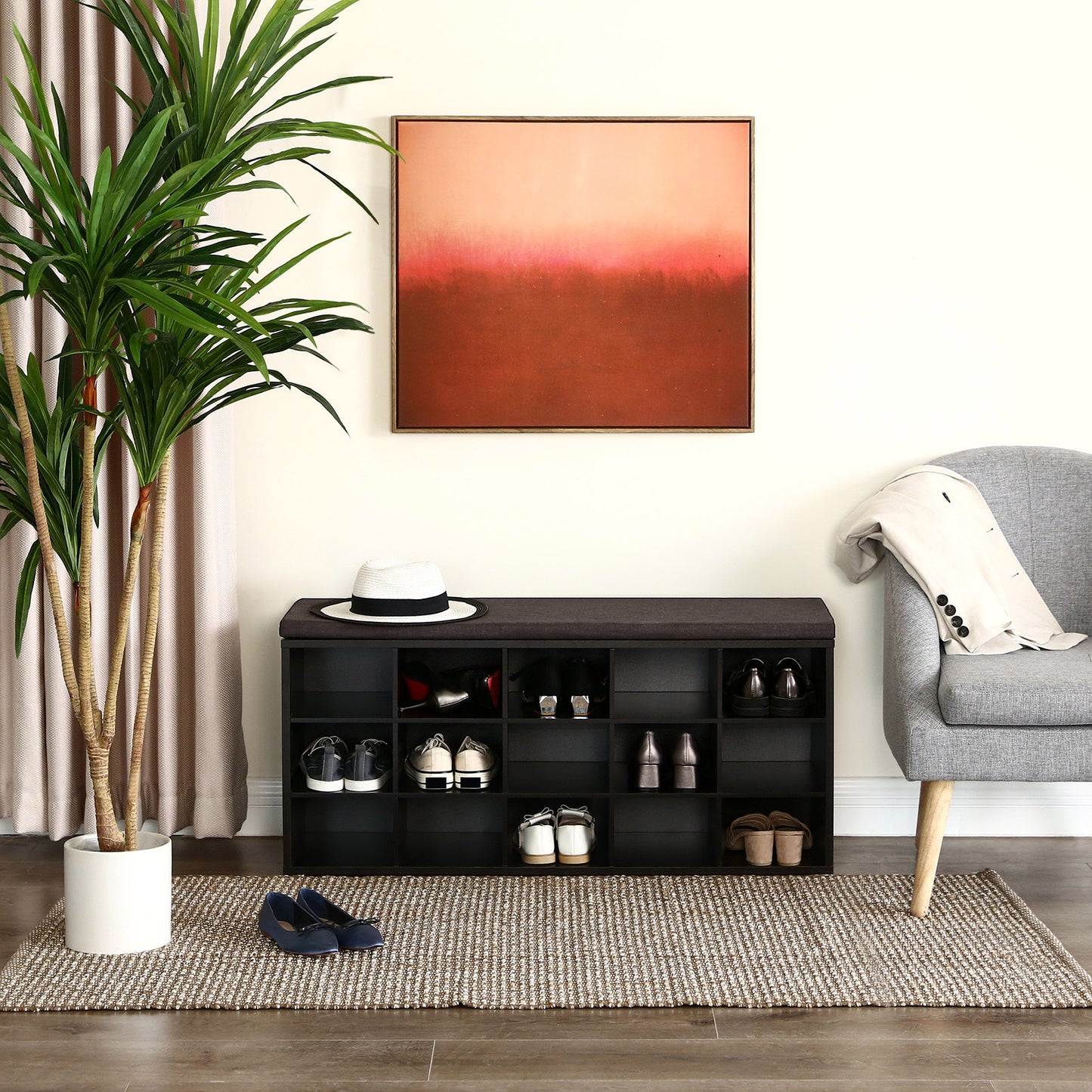 Shoe Rack Bench with Cushion 15 Compartments Storage Bench Shoe Bench for Entryway, 11.8 x 41.3 x 18.9 Inches