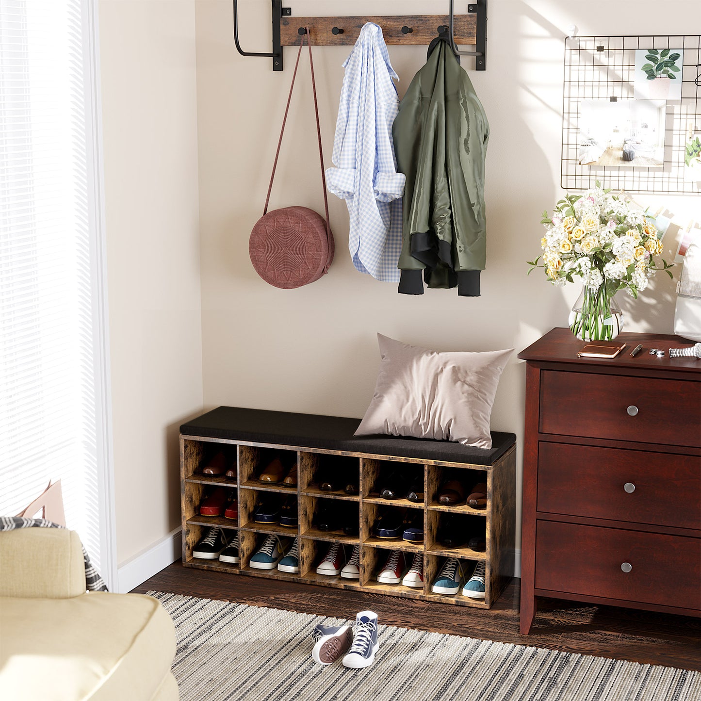 Shoe Rack Bench with Cushion 15 Compartments Storage Bench Shoe Bench for Entryway, 11.8 x 41.3 x 18.9 Inches