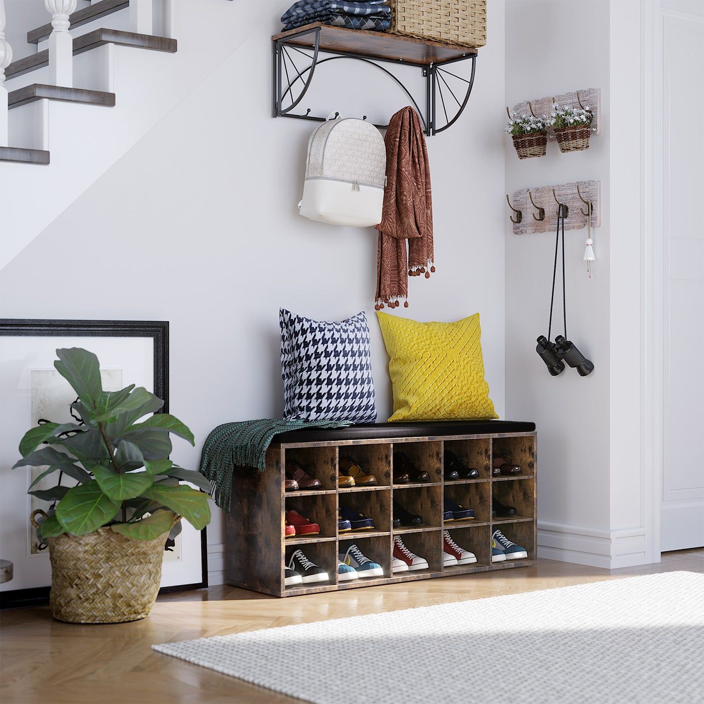 Shoe Rack Bench with Cushion 15 Compartments Storage Bench Shoe Bench for Entryway, 11.8 x 41.3 x 18.9 Inches