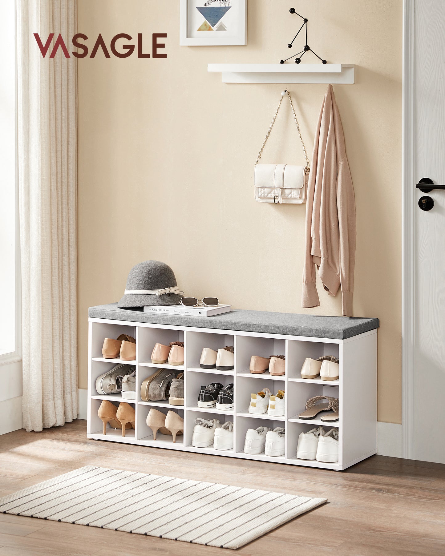 VASAGLE Shoe Bench with Cushion, Storage Bench with Padded Seat, Entryway Bench with 15 Compartments White and Grayv