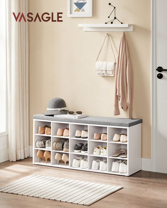 VASAGLE Shoe Bench with Cushion, Storage Bench with Padded Seat, Entryway Bench with 15 Compartments White and Grayv