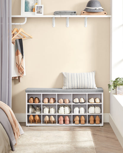 VASAGLE Shoe Bench with Cushion, Storage Bench with Padded Seat, Entryway Bench with 15 Compartments White and Grayv