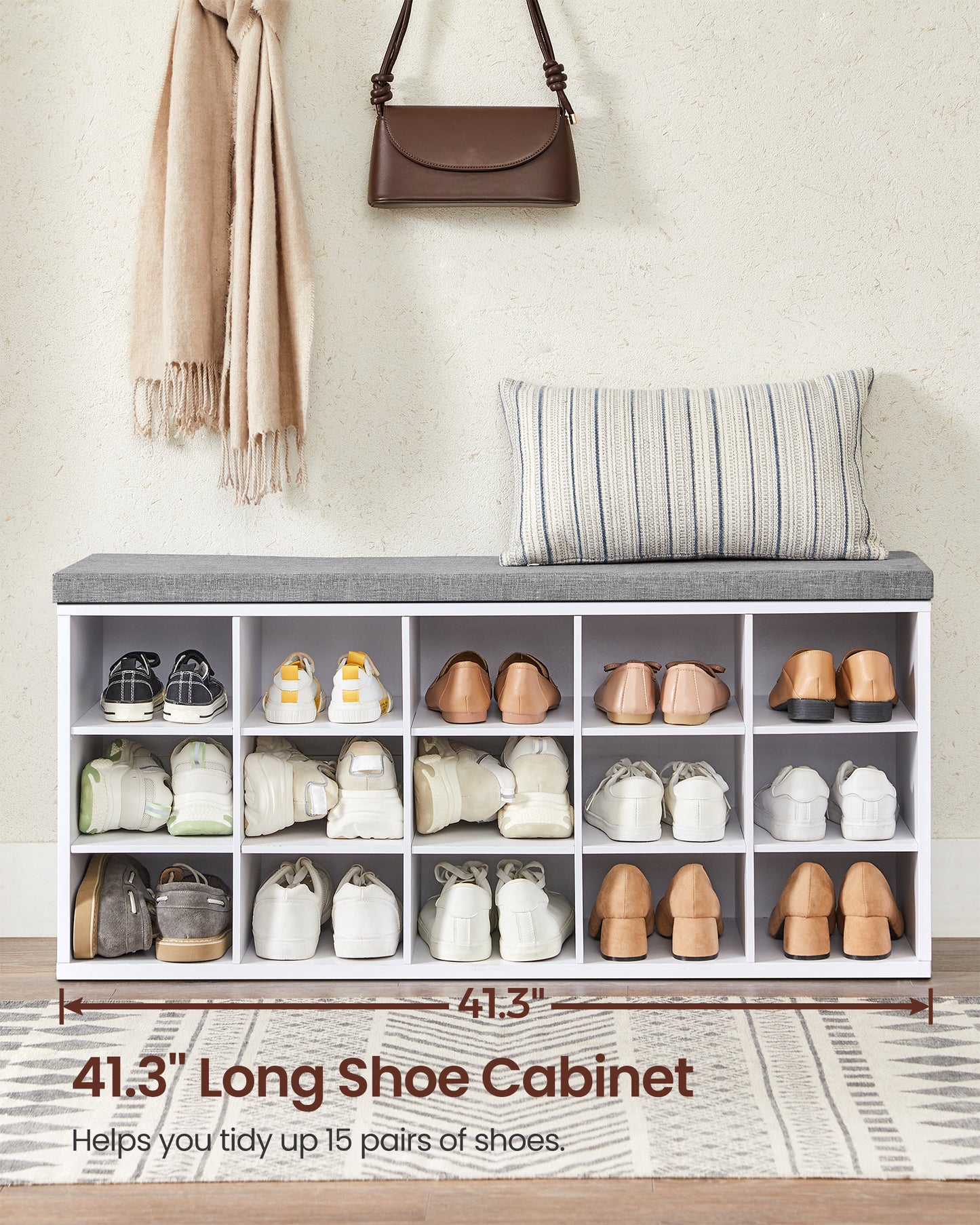 VASAGLE Shoe Bench with Cushion, Storage Bench with Padded Seat, Entryway Bench with 15 Compartments White and Grayv