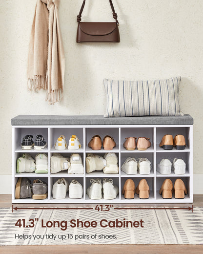 VASAGLE Shoe Bench with Cushion, Storage Bench with Padded Seat, Entryway Bench with 15 Compartments White and Grayv