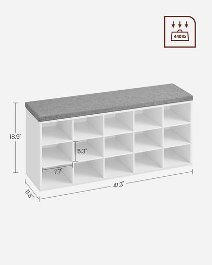 VASAGLE Shoe Bench with Cushion, Storage Bench with Padded Seat, Entryway Bench with 15 Compartments White and Grayv