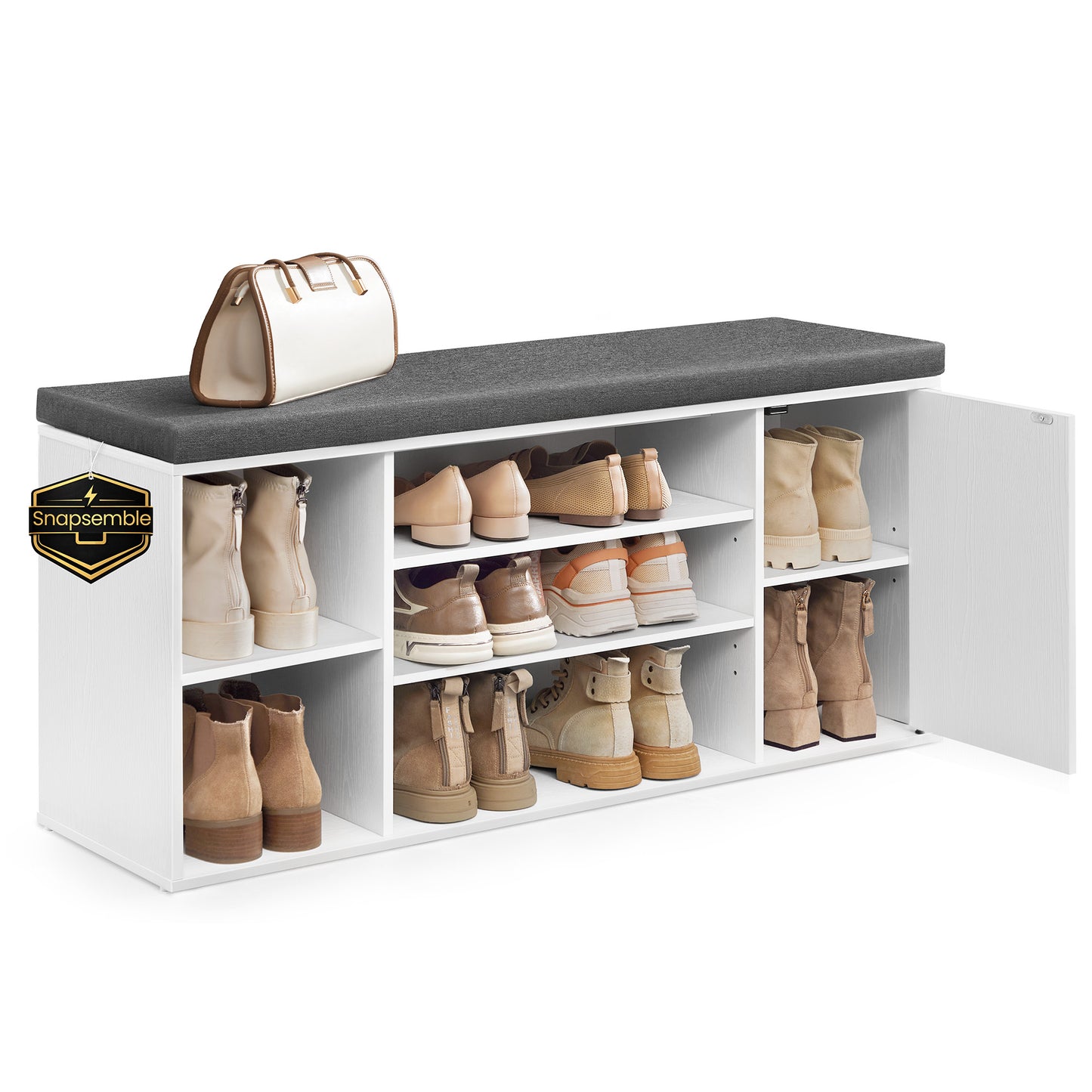 SONGMICS HOME Storage Bench, Snapsemble Superfast Assembly, 41" Wide Entryway Shoe Bench with Cushion & Adjustable Shelves, Shoe Rack Cabinet, Snow White and Slate Gray