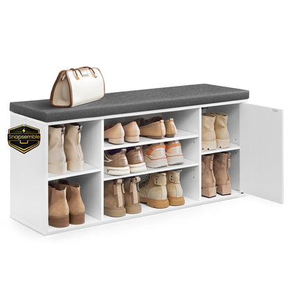 SONGMICS HOME Storage Bench, Snapsemble Superfast Assembly, 41" Wide Entryway Shoe Bench with Cushion & Adjustable Shelves, Shoe Rack Cabinet, Snow White and Slate Gray
