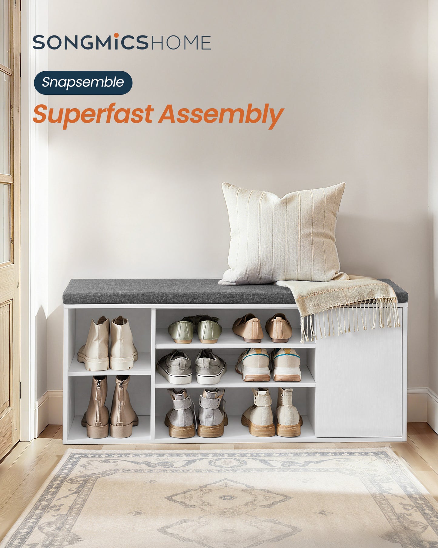SONGMICS HOME Storage Bench, Snapsemble Superfast Assembly, 41" Wide Entryway Shoe Bench with Cushion & Adjustable Shelves, Shoe Rack Cabinet, Snow White and Slate Gray
