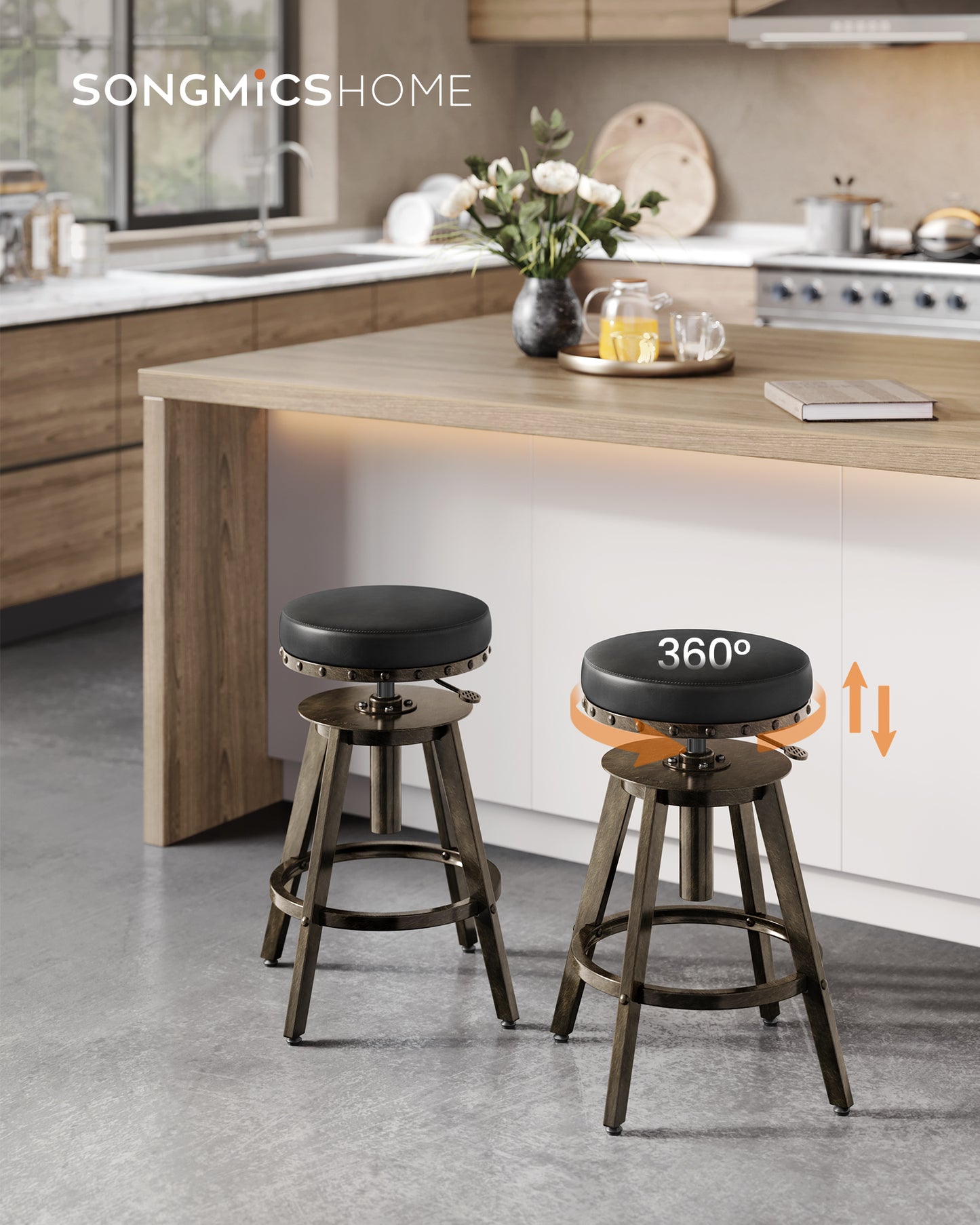 Set of 2 Steampunk Bar Stools with Adjustable Height and Swivel Seat, 24.6-29.3 Inch Counter Stools with Footrest, Vintage Industrial Style, Ink Black