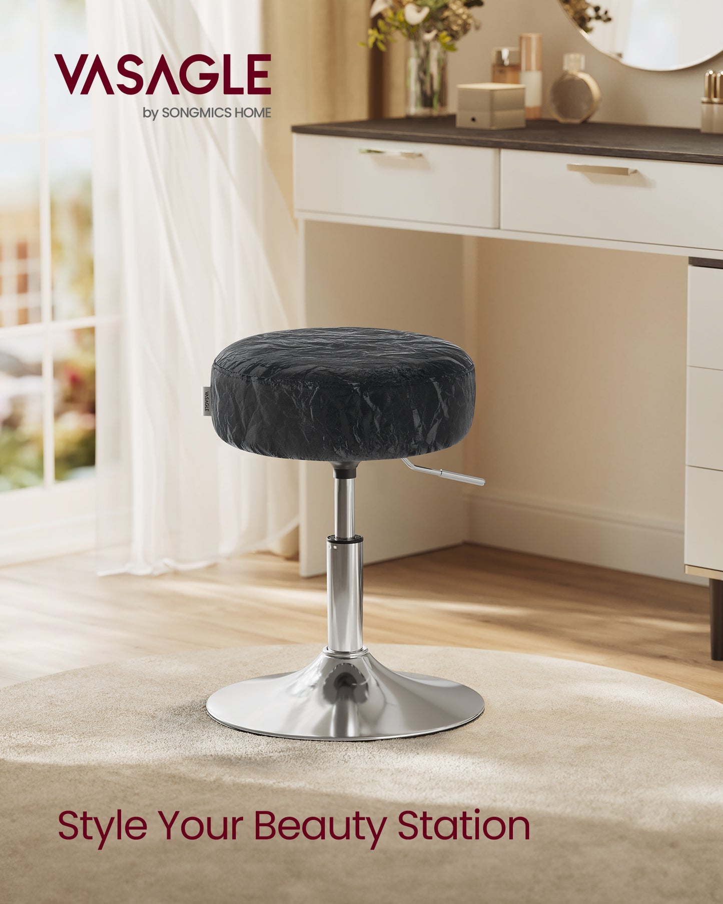 VASAGLE Adjustable Vanity Stool, Makeup Vanity Chair, 360° Swivel, PU Upholstery, Thick Cushion, for Bedroom, Kitchen, Dining Room, Modern, Ink Black