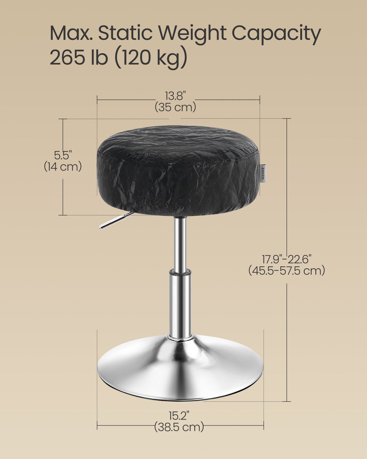 VASAGLE Adjustable Vanity Stool, Makeup Vanity Chair, 360° Swivel, PU Upholstery, Thick Cushion, for Bedroom, Kitchen, Dining Room, Modern, Ink Black