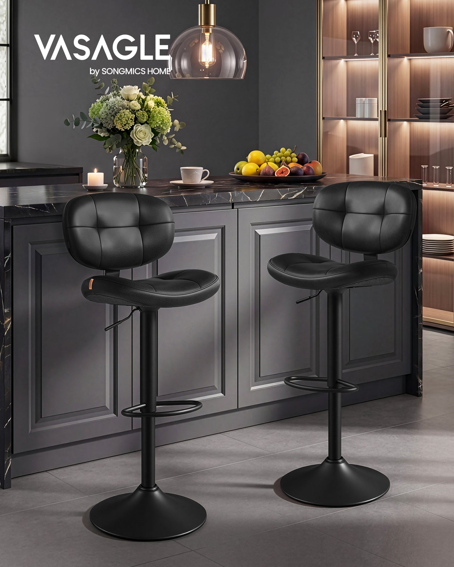 VASAGLE Bar Stools Set of 2, Height Adjustable Kitchen Barstools, Swivel Bar Chairs with Back and Footrest, Quilt PU Leather Surface, Ink Black