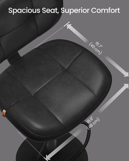 VASAGLE Bar Stools Set of 2, Height Adjustable Kitchen Barstools, Swivel Bar Chairs with Back and Footrest, Quilt PU Leather Surface, Ink Black