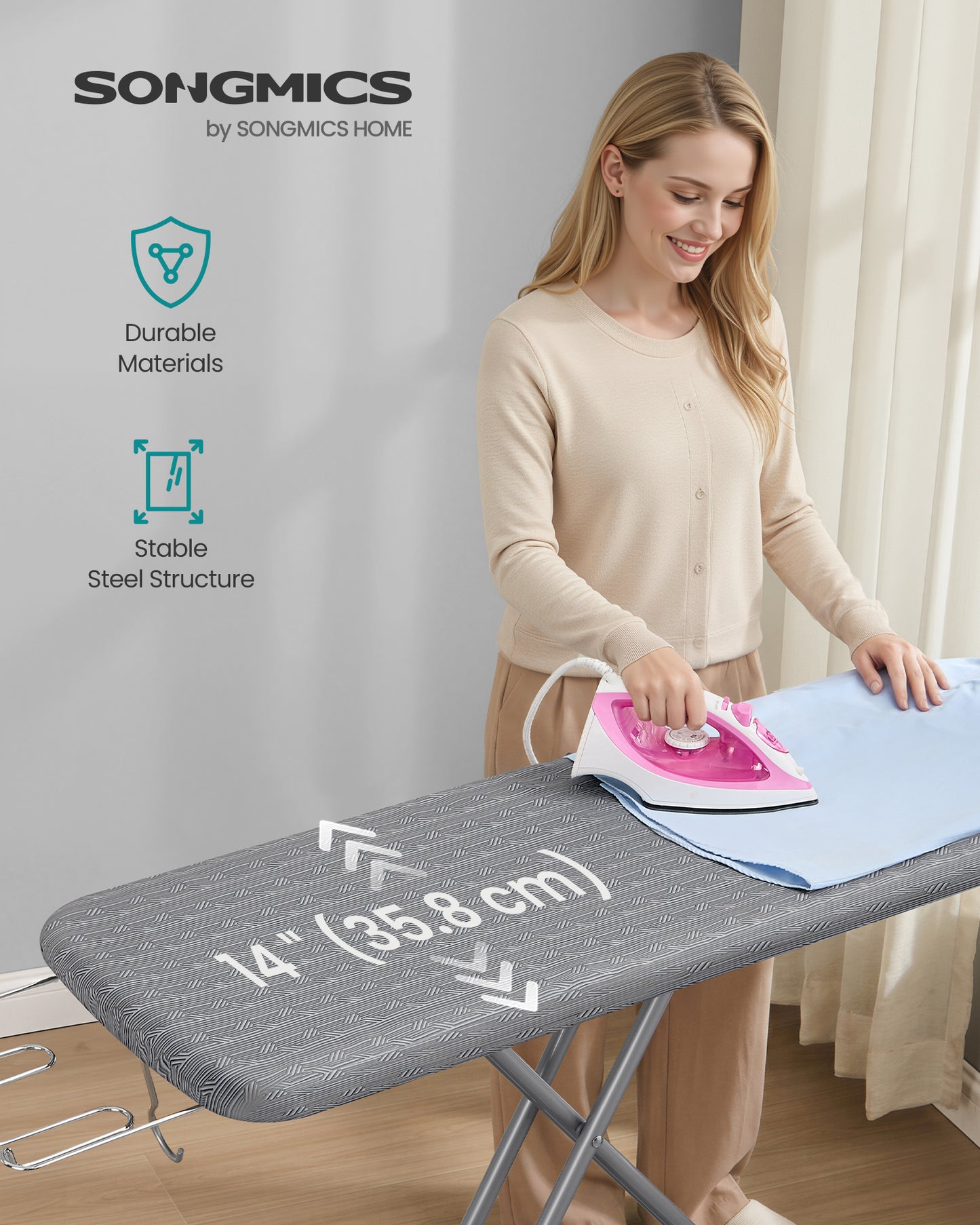 SONGMICS Full Size Ironing Board, Steel Frame with Cover and Sponge Pad, Foldable Standard Ironing Board with Iron Rest, 54 x 14 x 36.6 ", Gray