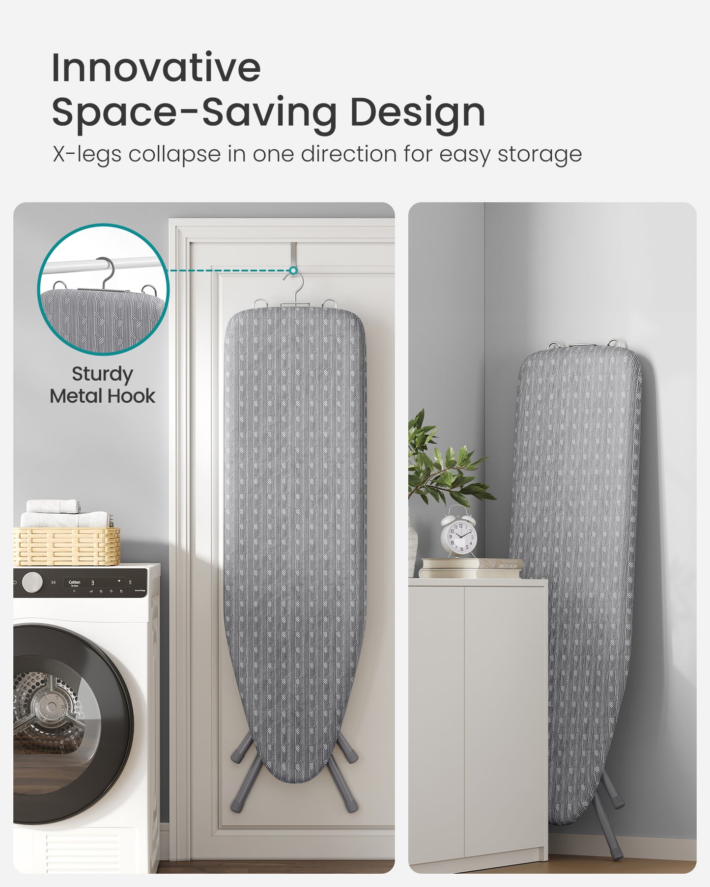 SONGMICS Full Size Ironing Board, Steel Frame with Cover and Sponge Pad, Foldable Standard Ironing Board with Iron Rest, 54 x 14 x 36.6 ", Gray