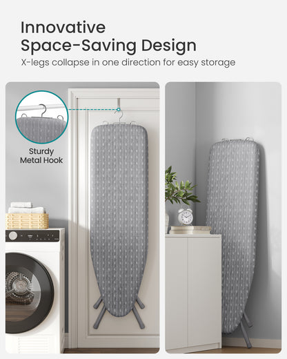 SONGMICS Full Size Ironing Board, Steel Frame with Cover and Sponge Pad, Foldable Standard Ironing Board with Iron Rest, 54 x 14 x 36.6 ", Gray