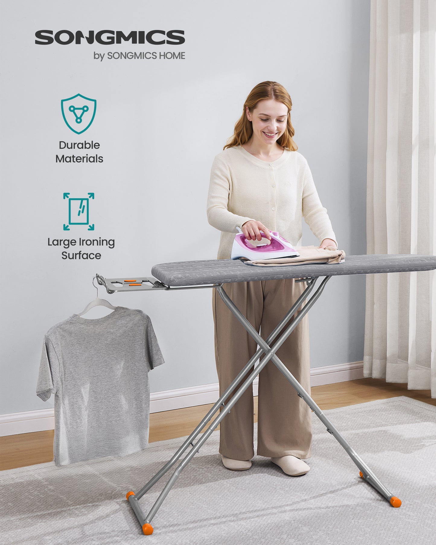 SONGMICS Ironing Board, Retractable Iron Rest, Foldable Iron Board, 43 x 13 Inches, Height Adjustable, Padded with Cover, Hook, Dove Gray