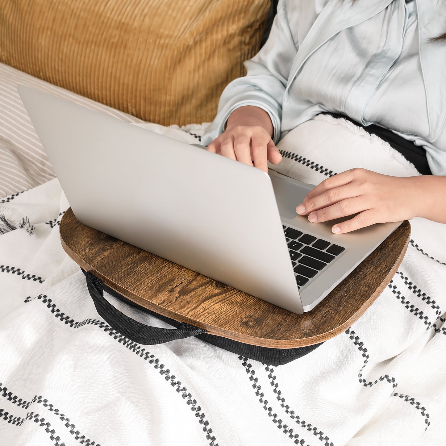 Portable Lap Desk, Rustic Brown, Bed Tray with Handle & Cushion, Laptop Table for Comfort.