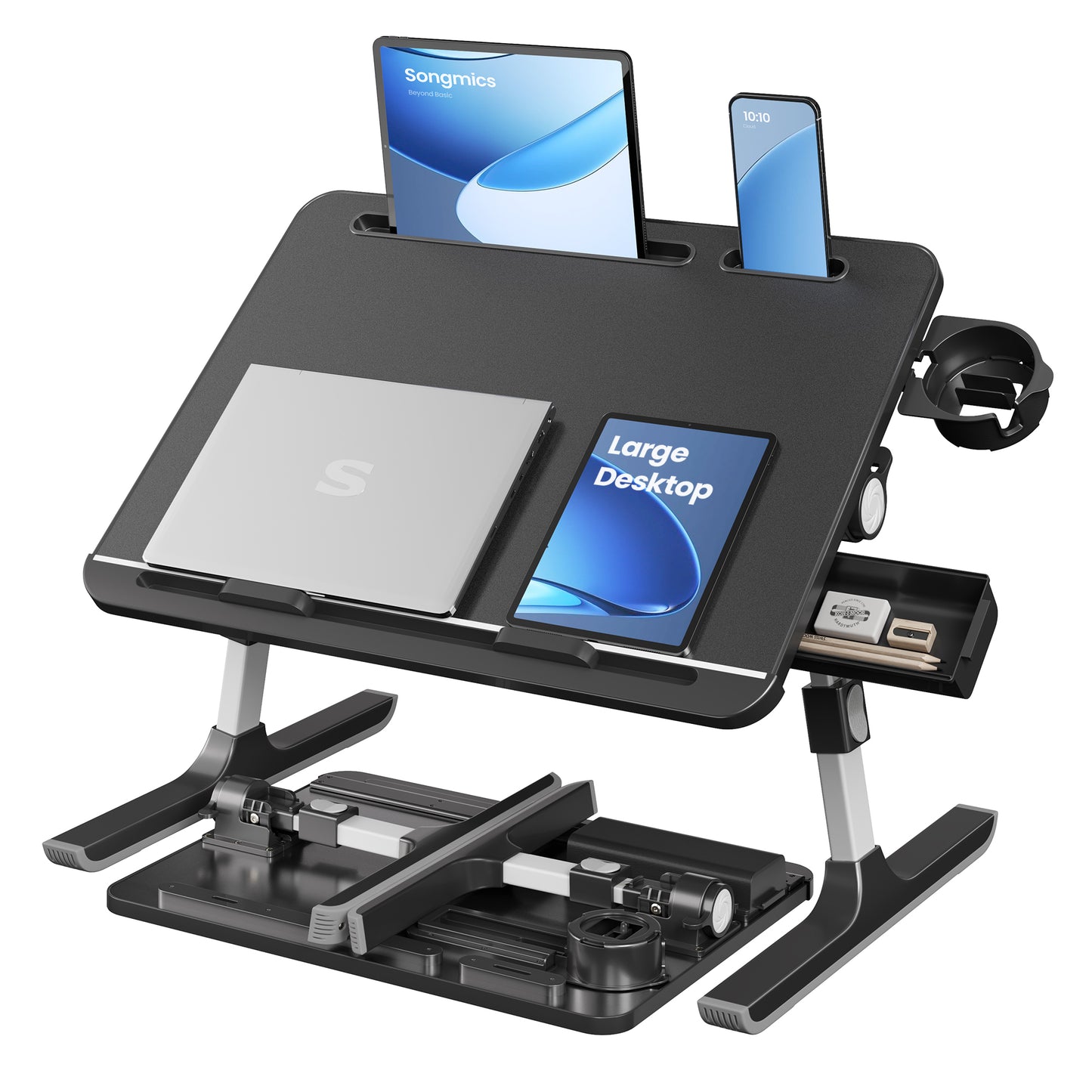 SONGMICS Bed Laptop Desk, Foldable Bed Desk for Laptop, 120° Stepless Tilt, Adjustable Height, Cup Holder, Tray, Ink Black