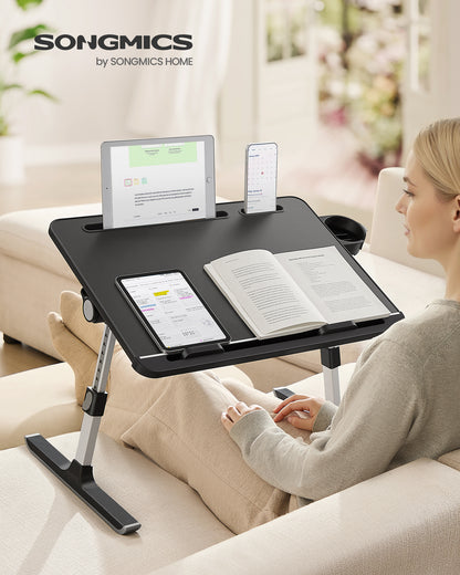 SONGMICS Bed Laptop Desk, Foldable Bed Desk for Laptop, 120° Stepless Tilt, Adjustable Height, Cup Holder, Tray, Ink Black