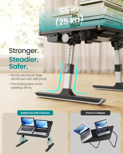 SONGMICS Bed Laptop Desk, Foldable Bed Desk for Laptop, 120° Stepless Tilt, Adjustable Height, Cup Holder, Tray, Ink Black