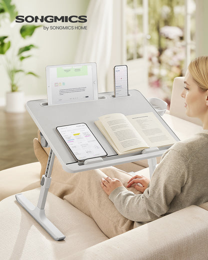SONGMICS Bed Laptop Desk, Foldable Bed Desk for Laptop, 15.7 x 22 Inches Large Desktop, 120° Stepless Tilt, Adjustable Height, Cup Holder, Tray, Gray
