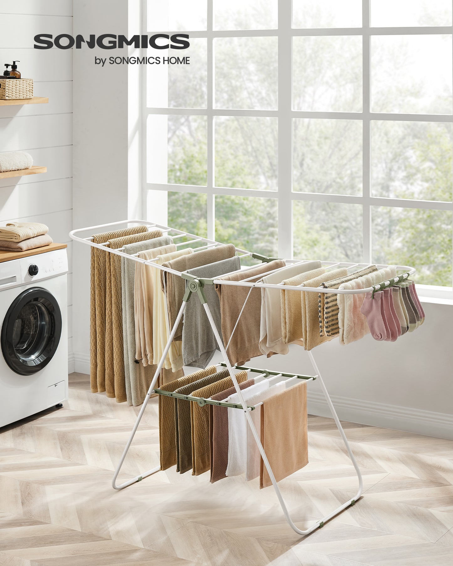 Foldable Clothes Drying Rack with Sock Clips Laundry Drying Rack with Height-Adjustable Gullwings White and Green