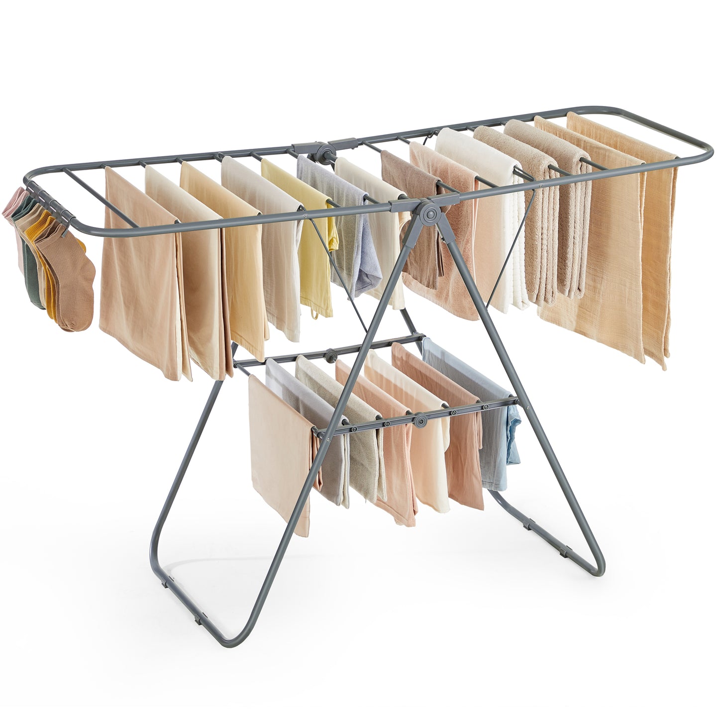 Clothes Drying Rack, with Sock Clips, Metal Laundry Rack, Foldable, Space-Saving, Free-Standing Airer, with 2 Height-Adjustable Gullwings, Indoor Outdoor Use, Black