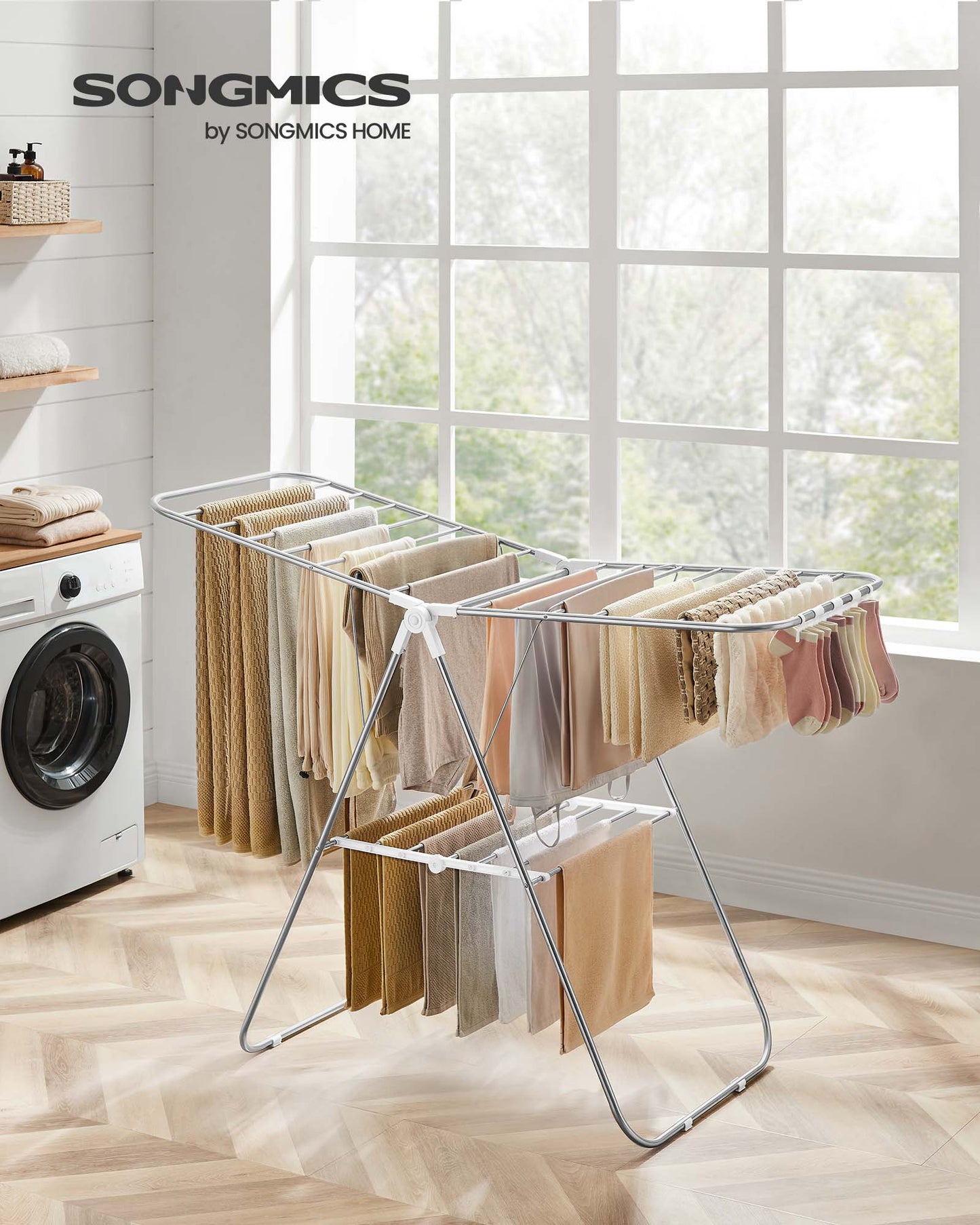 Foldable Clothes Drying Rack with Sock Clips Laundry Drying Rack with Height-Adjustable Gullwings Silver and White