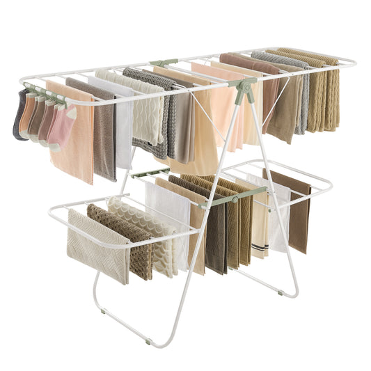 Clothes Drying Rack, Foldable 2-Level Laundry Drying Rack, Free-Standing Laundry Airer, with Height-Adjustable Wings, 33 Drying Rails, Sock Clips, White and Green