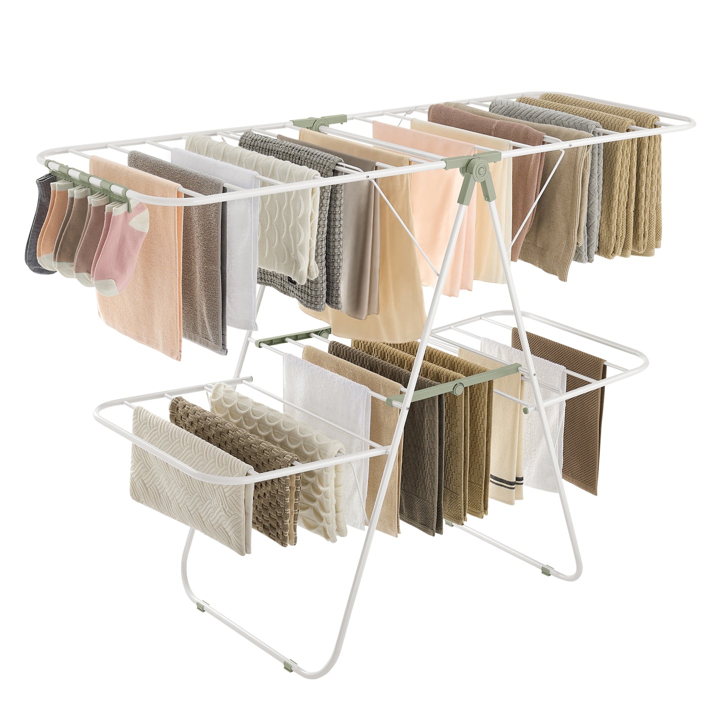 Clothes Drying Rack, Foldable 2-Level Laundry Drying Rack, Free-Standing Laundry Airer, with Height-Adjustable Wings, 33 Drying Rails, Sock Clips, White and Green