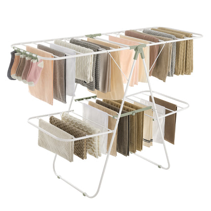 Clothes Drying Rack, Foldable 2-Level Laundry Drying Rack, Free-Standing Laundry Airer, with Height-Adjustable Wings, 33 Drying Rails, Sock Clips, White and Green